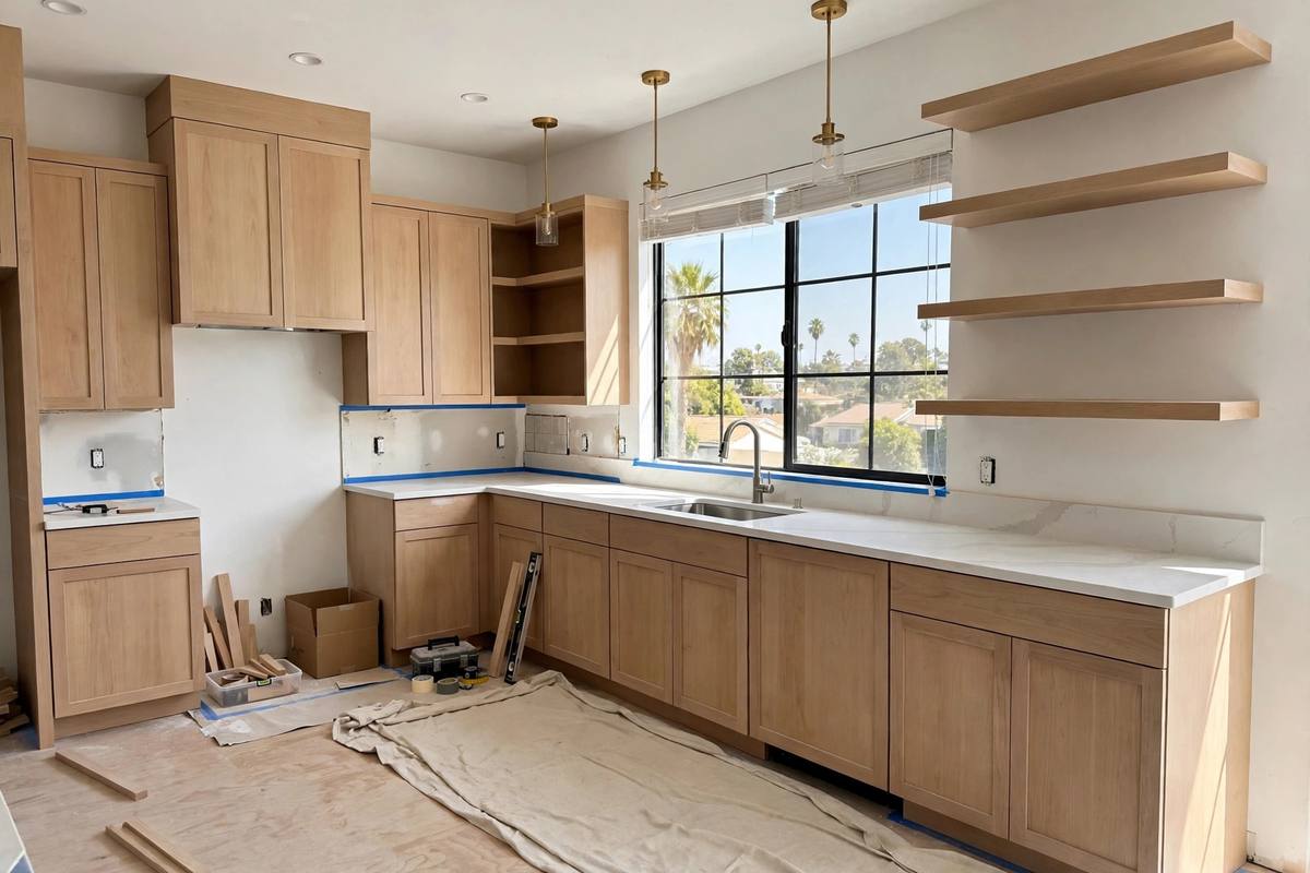 Renovated Los Angeles kitchen with light cabinets and stone counters